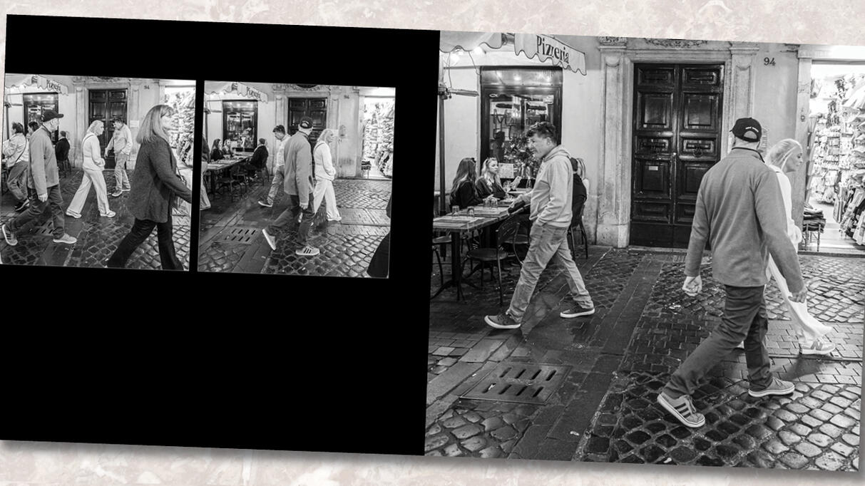 A black and white book spread featuring three frames of a street sequence; in the center, a man turns his head toward another pedestrian with a look of sudden recognition, as if catching sight of someone he knows.