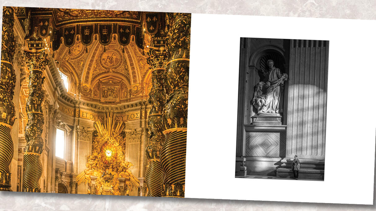 A spread juxtaposing a vibrant, golden interior of a Roman basilica with a minimalist black and white shot of a statue in a sunlit alcove.