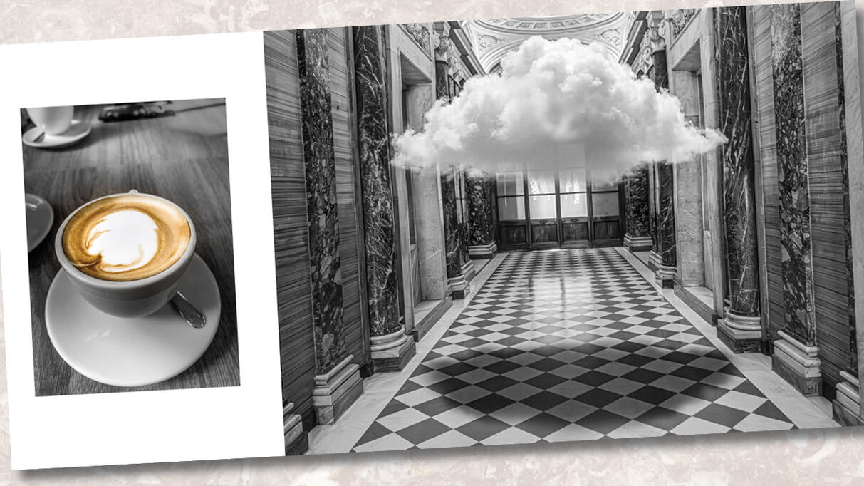 A spread featuring a cup of cappuccino next to a surreal image of a white cloud floating in a classic, checkered-floor Roman hallway.