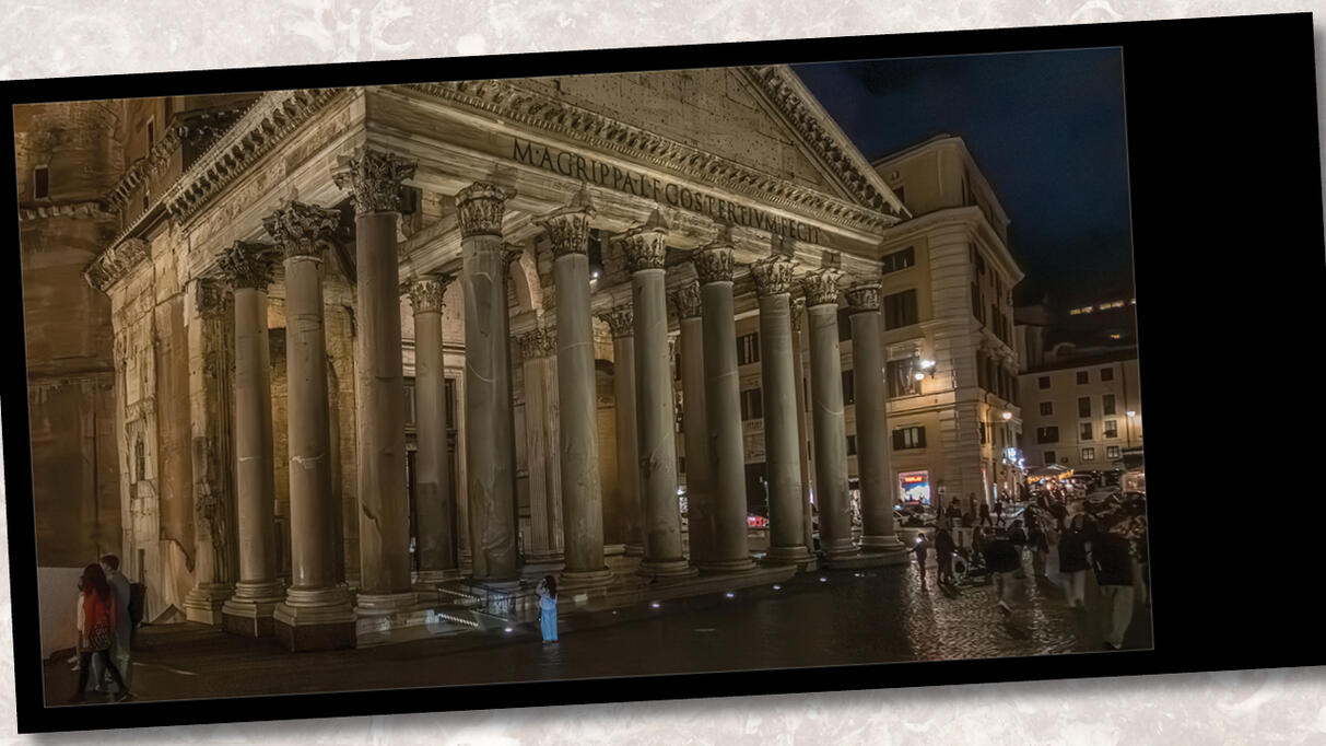 A dramatic night spread showing the illuminated columns of the Pantheon in Rome with city life blurred in the background.