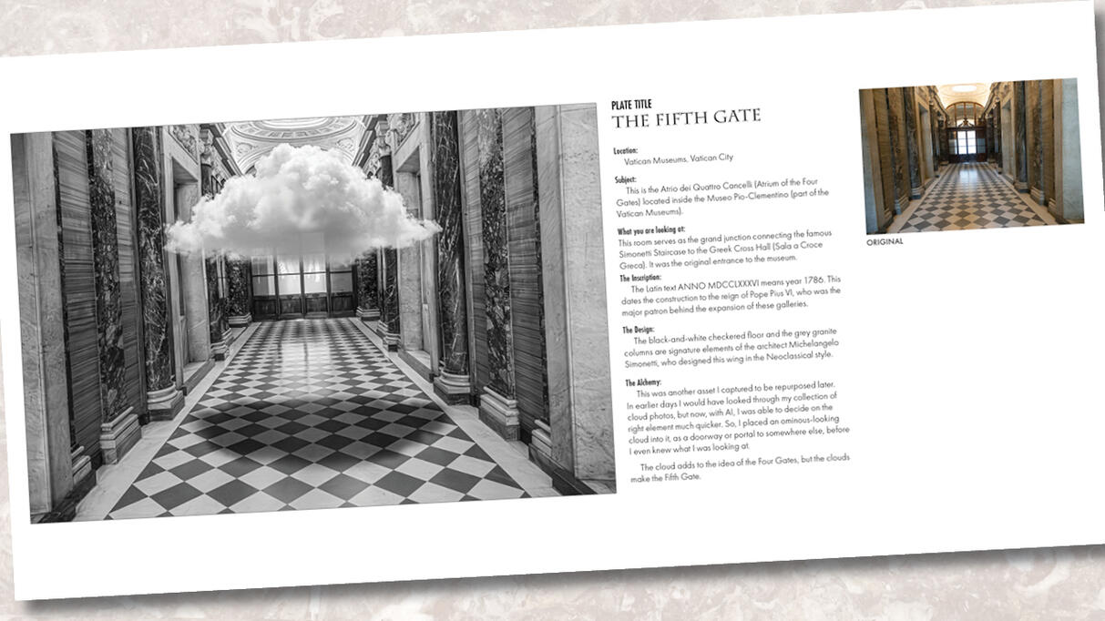 A specialized book spread from the Artisan Edition titled "The Fifth Gate," displaying a final surreal composite of a cloud in a Roman hallway alongside the original source photograph and detailed technical notes.
