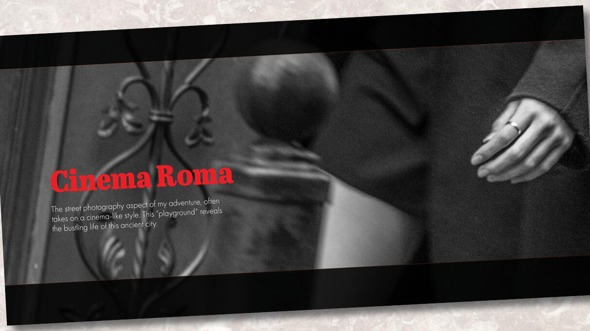 A book spread titled "Cinema Roma" featuring a grainy, cinematic black and white street photograph of a hand with a ring resting on a dark coat.