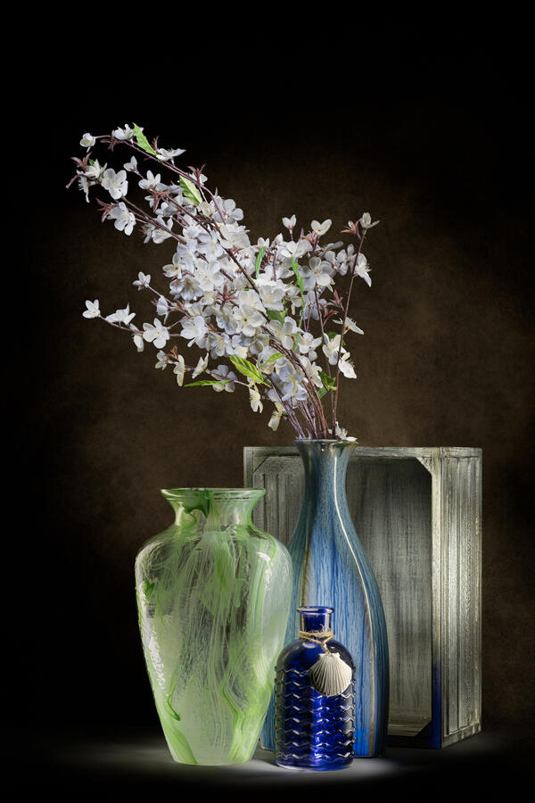Studio light painting of vibrant green and blue glass vases with flowering white branches and a seashell.